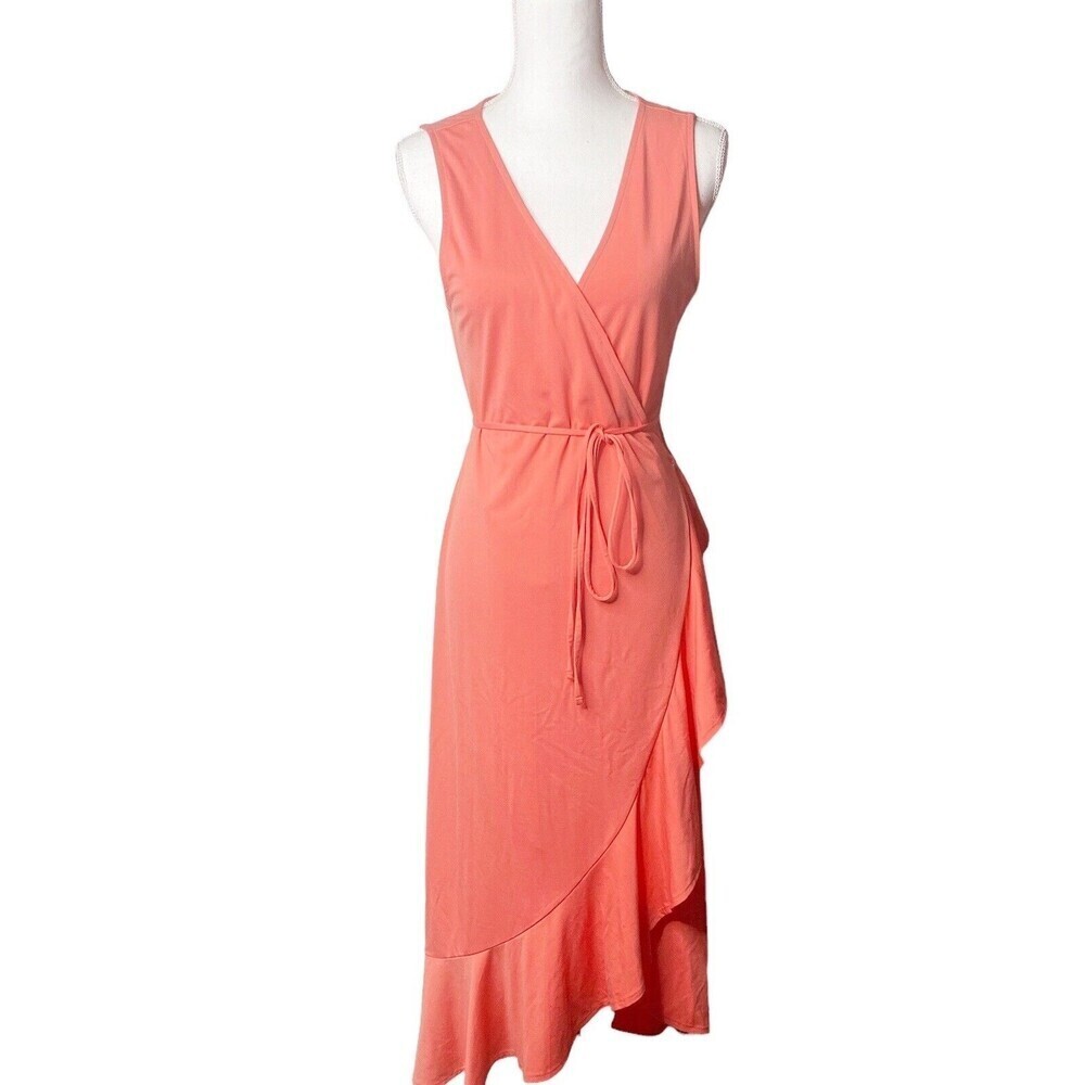 Banana Republic Coral Wrap MIDI Dress Sz medium Petite Sleeveless Ruffle Women